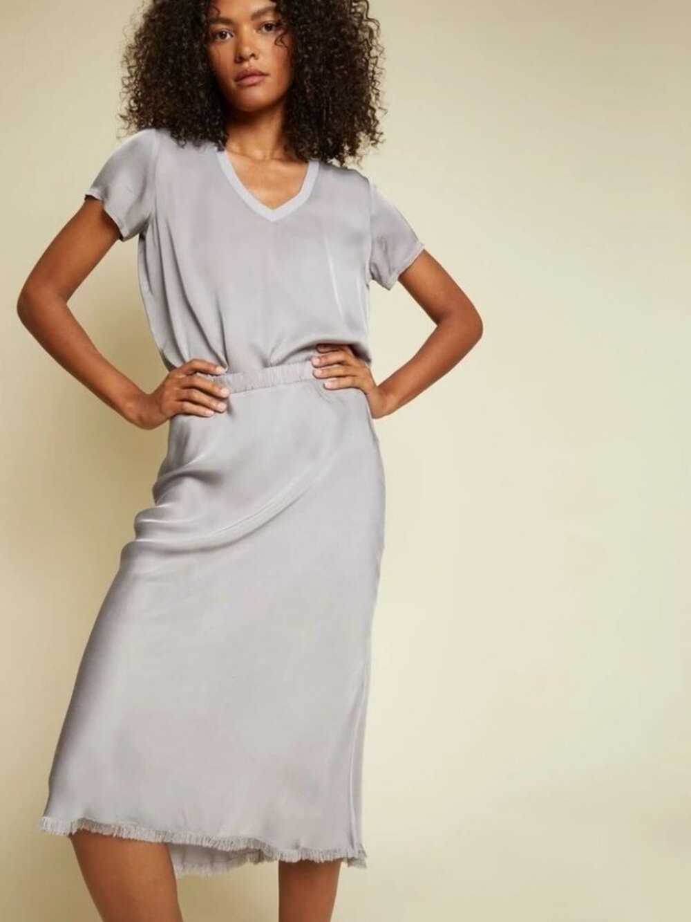Nation LTD June Sateen V Neck Tee ,Mabel Bias Cut Luxe Sateen Midi Skirt Silver